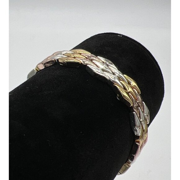 Napier Tri-Tone Stretch Bracelet Gold Silver Rose Tone Metal Geometric Design Wo - Picture 2 of 7